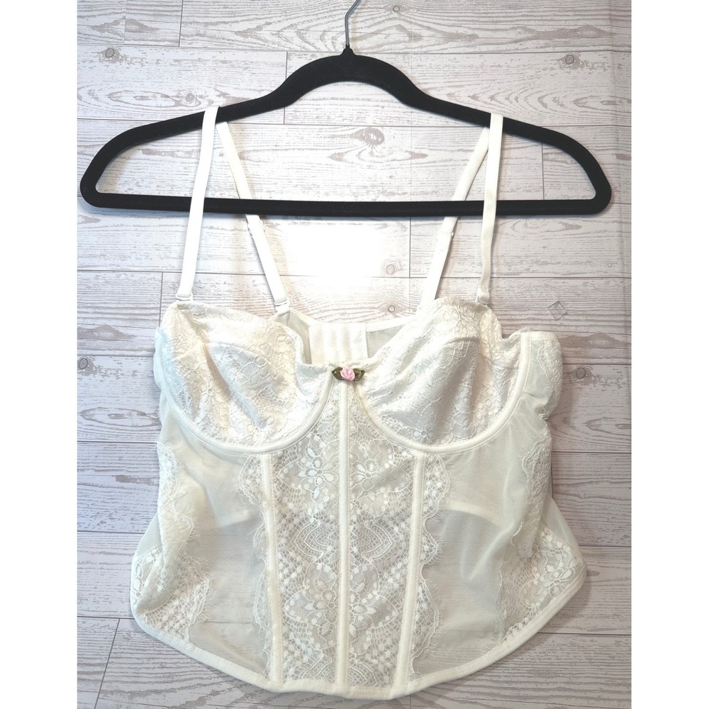 Faded Rose Corset Top Camisole Women Large White Lace Mesh Fairy Coquette Y2K